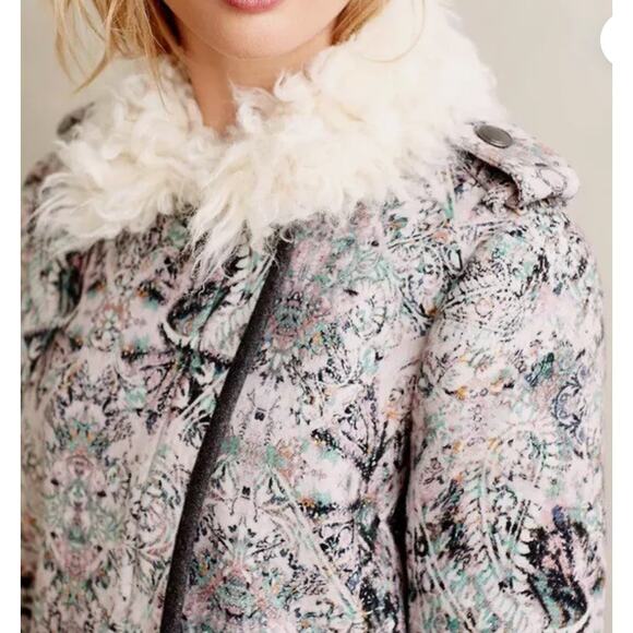 Anthropologie faux fur collared tapestry jacquard pink wool zipper jacket Sz 6 - Picture 4 of 4